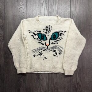 Vintage Cat 1990s Hand Knit Sweater Small White Cute Animal Nature Crochet Baggy
